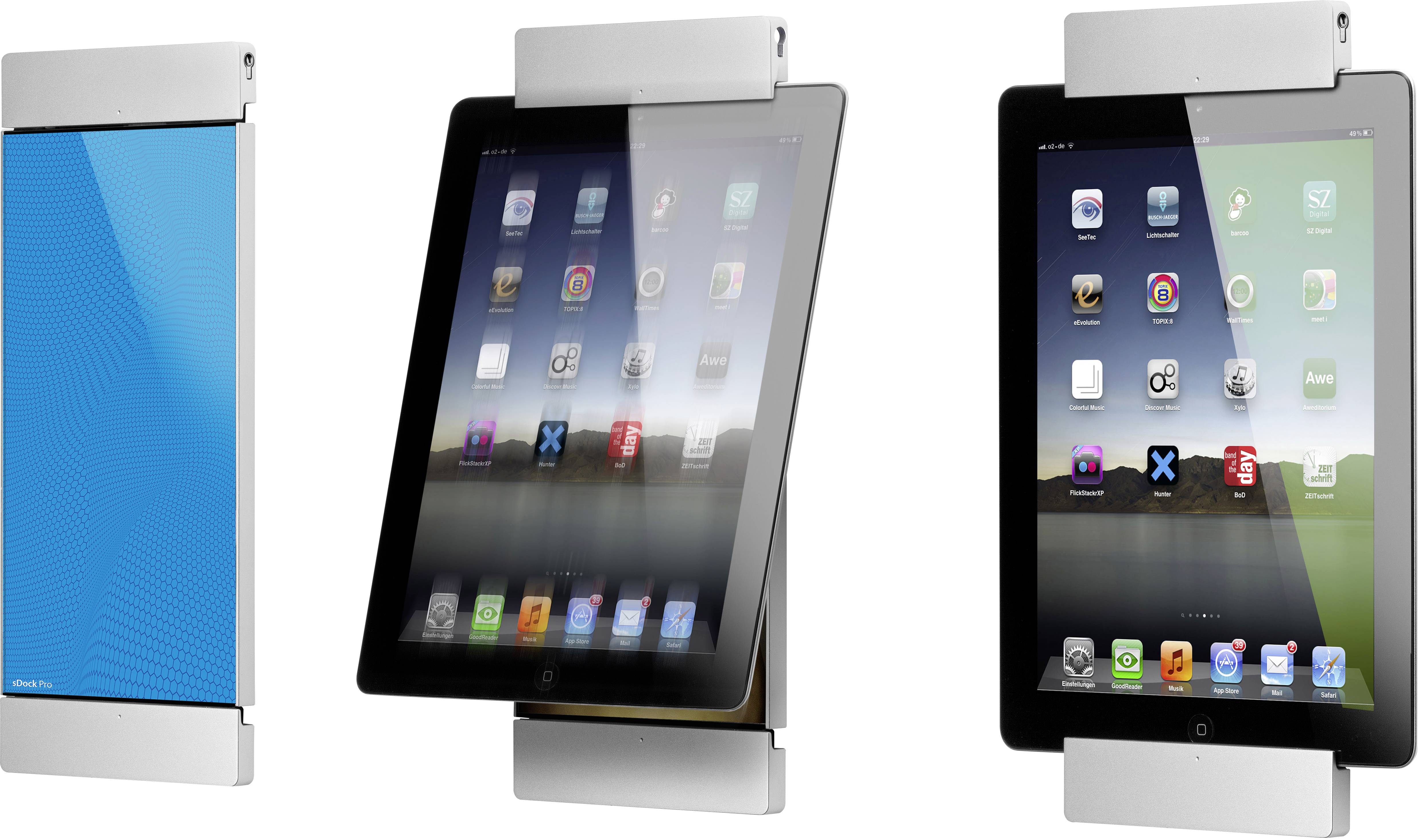 'Trzy widoki tabletu na wsporniku: po lewej stronie w metalowym uchwycie, pośrodku widoczny z przodu, po prawej stronie z aplikacjami na ekranie.'