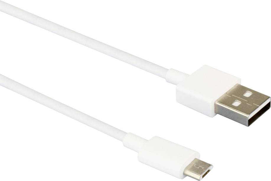Biały kabel USB z wtyczką standardową USB z jednej strony i wtyczką micro-USB z drugiej strony.