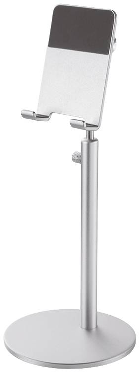 Srebrny uchwyt na telefon z regulowanym kątem, zamontowany na okrągłej podstawie. Idealny do bezobsługowego korzystania z urządzeń mobilnych.