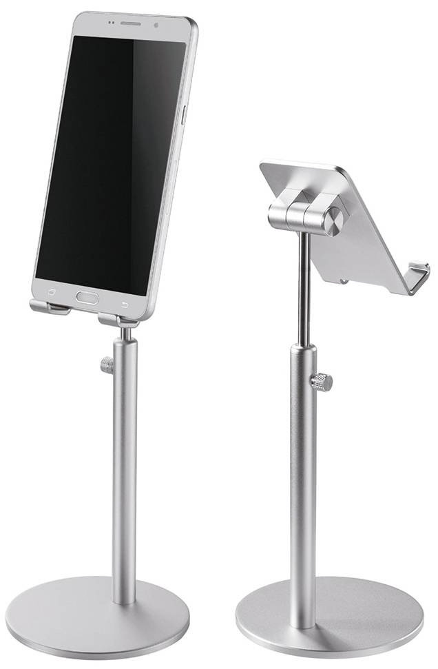 Dwa srebrne stojaki na smartfony, jeden z zamocowanym smartfonem. Regulowana wysokość i kąt nachylenia dla wygodnego oglądania.