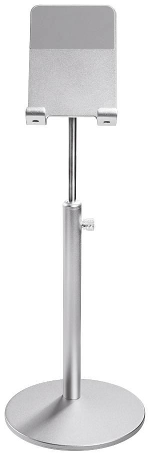Regulowany, srebrny stojak na tablet z okrągłą podstawą i mechanizmem mocującym, odpowiedni do prezentacji lub wyświetlania.