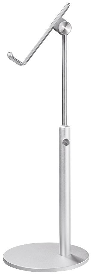 Srebrny, regulowany uchwyt do tabletu lub smartfona z okrągłą podstawą i zakrzywionym ramieniem do mocowania urządzeń.