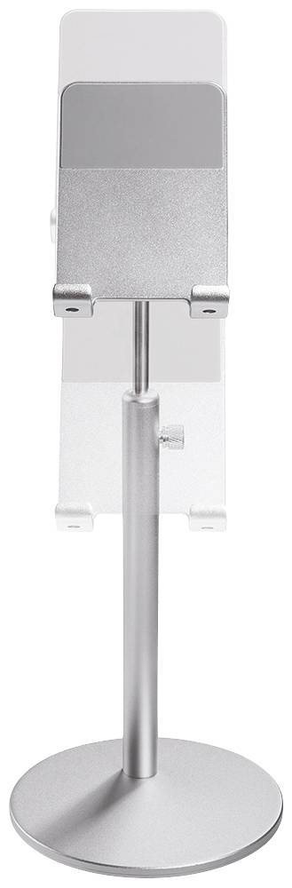 Metalowy stojak z uchwytem, odpowiedni do tabletów lub ekranów, zamontowany na okrągłej podstawie.