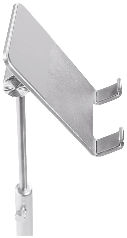 Srebrny, regulowany stojak na tablety lub smartfony, obrotowy, wyposażony w dwa haczyki do bezpiecznego mocowania urządzenia.