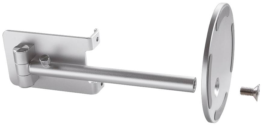 Srebrny uchwyt ścienny z okrągłą podstawą i śrubą, przeznaczony do montażu urządzeń lub ekranów.