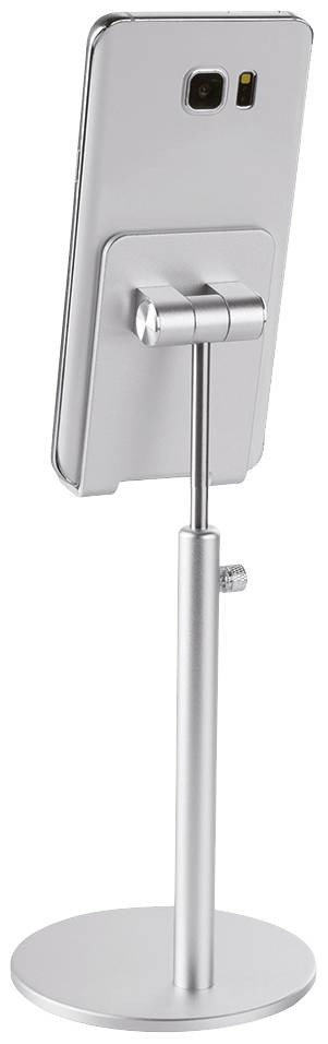 Srebrny stojak na smartfona z przymocowanym smartfonem ustawionym w pionie. Idealny do użytku bez trzymania w ręku.