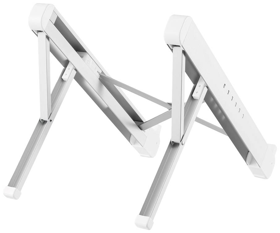 Regulowany stojak na laptopa z białego metalu, złożony i widziany z boku.