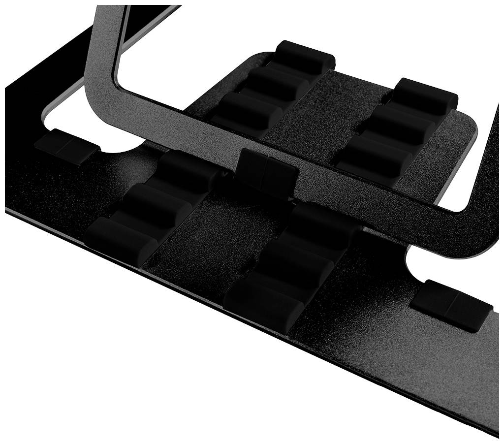 Czarny stojak lub uchwyt z antypoślizgowymi paskami gumowymi, zapewniające stabilność i ochronę na płaskiej powierzchni.