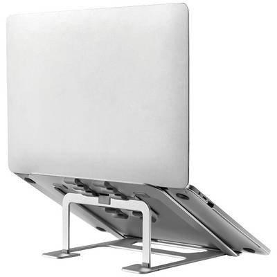 Srebrny stojak na laptopa, który utrzymuje komputer w nachylonej pozycji, poprawiając wentylację i wspierając ergonomiczne warunki pracy.