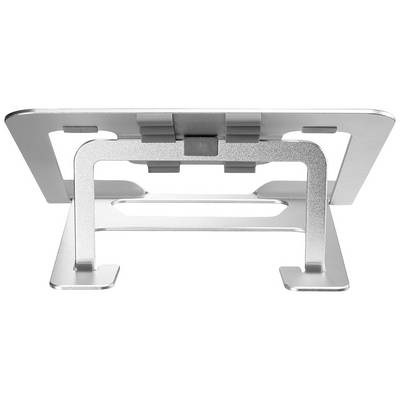 Srebrny metalowy stojak na laptopa widziany z boku. Stojak posiada stabilną podstawę i służy do ergonomicznego ustawienia laptopa.