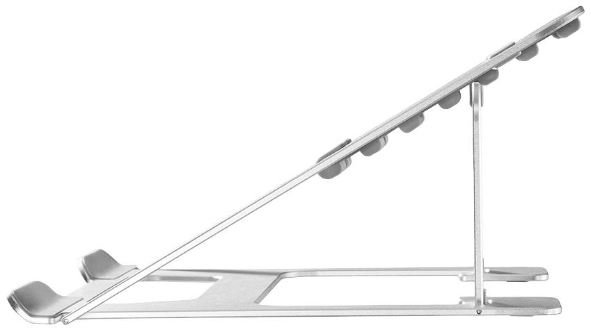 Metalowy stojak na laptopa z regulowanym kątem nachylenia. Widok z boku prezentuje smukłą, nowoczesną sylwetkę z antypoślizgowymi podkładkami zapewniającymi stabilność.