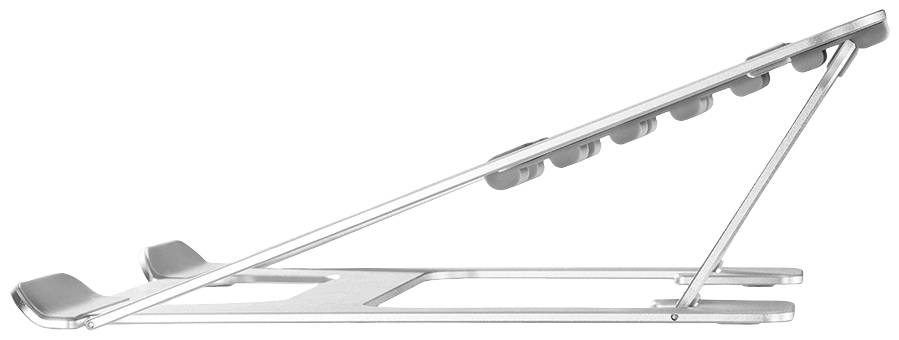 Stojak na laptopa z aluminium, widok z boku, przedstawiający regulowany kąt nachylenia oraz antypoślizgowe podkładki gumowe zapewniające stabilność i wentylację.