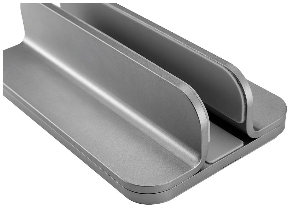 Srebrny, poziomy stojak na laptopy z dwoma oddzielnymi szczelinami do bezpiecznego przechowywania laptopów lub tabletów.