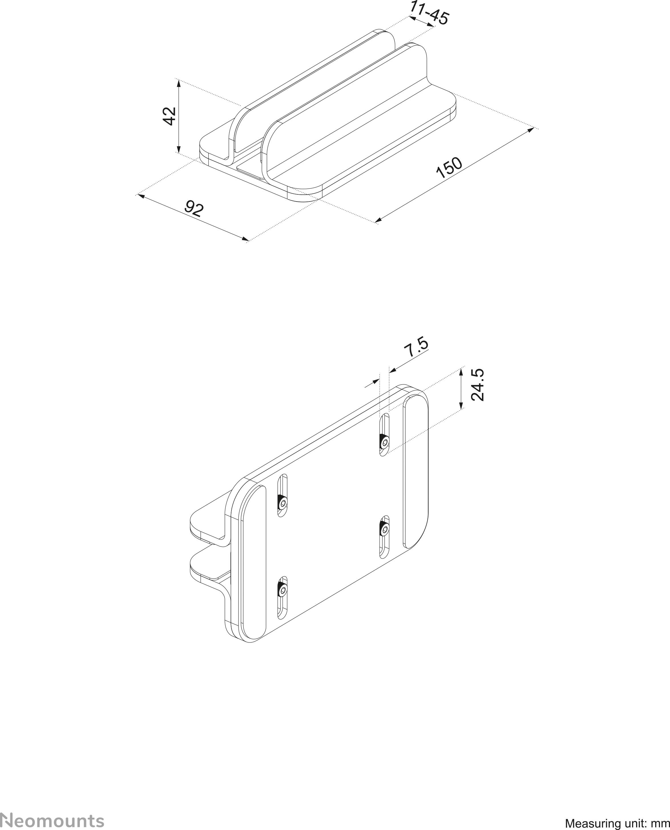 'Rysunek techniczny uchwytu z wymiarami: 150 mm długości, 42 mm szerokości, 92 mm wysokości. Jednostka miary: mm.'