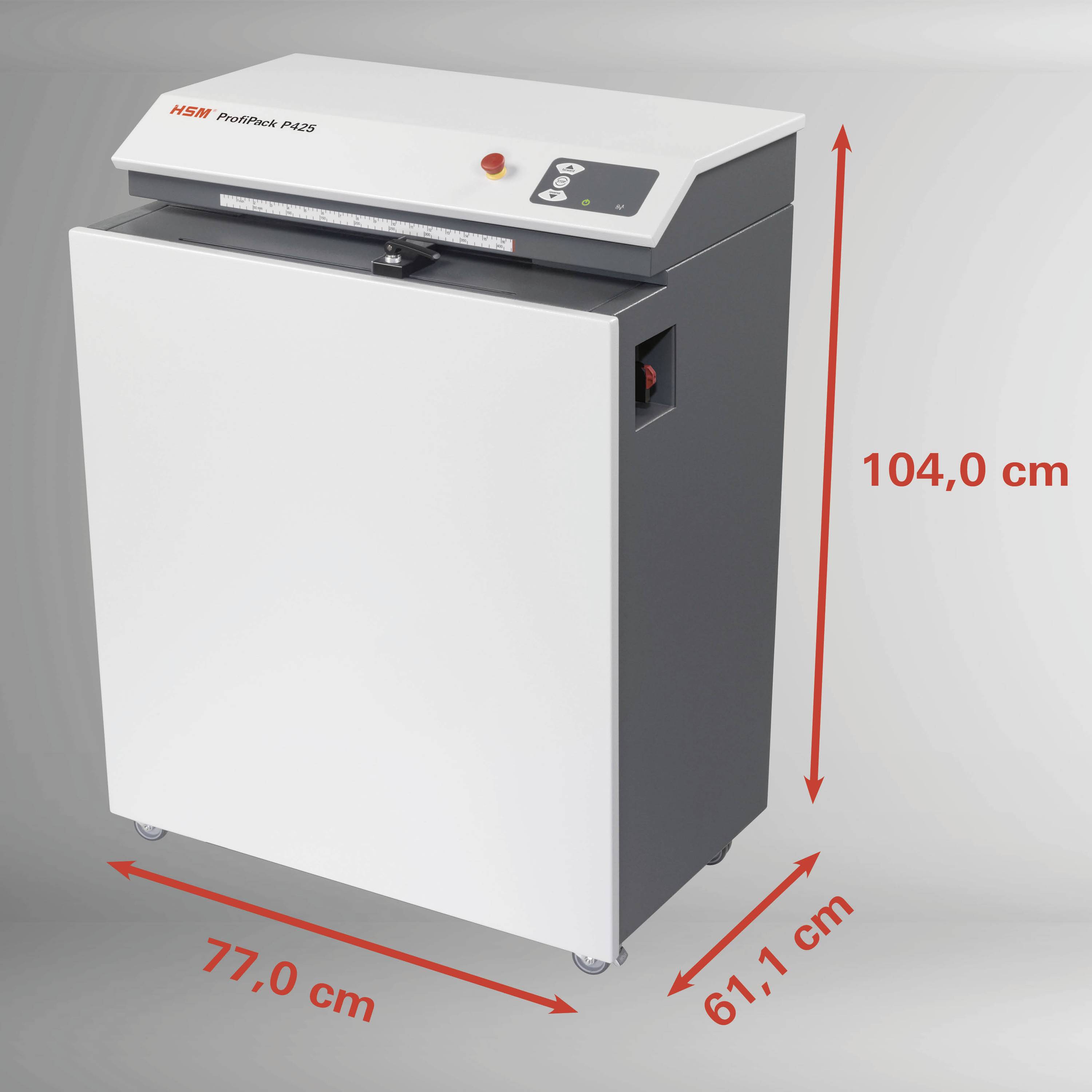Niszczarka oznaczona etykietą 'HSM Powerline P425', o wymiarach wskazanych jako 104,0 cm wysokości, 77,0 cm szerokości i 61,1 cm głębokości.