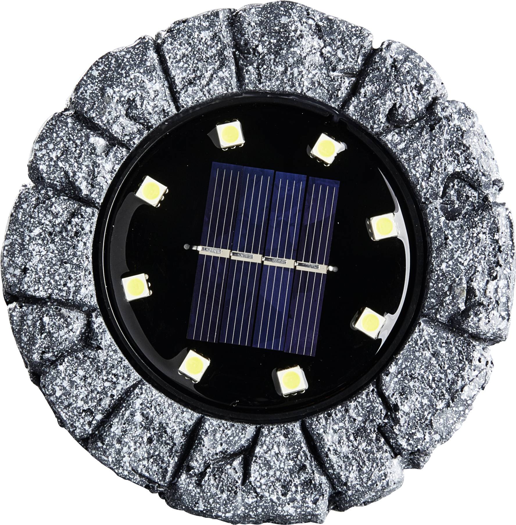 Okrągła lampa solarna z panelem słonecznym pośrodku i sześcioma równomiernie rozmieszczonymi lampami LED na szarej kamiennej podstawie.