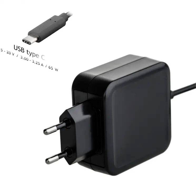 Ładowarka USB-C z wtyczką sieciową i przewodem. Tekst: 'USB Type C, 5-20 V, 3-3,25 A, 65 W'.