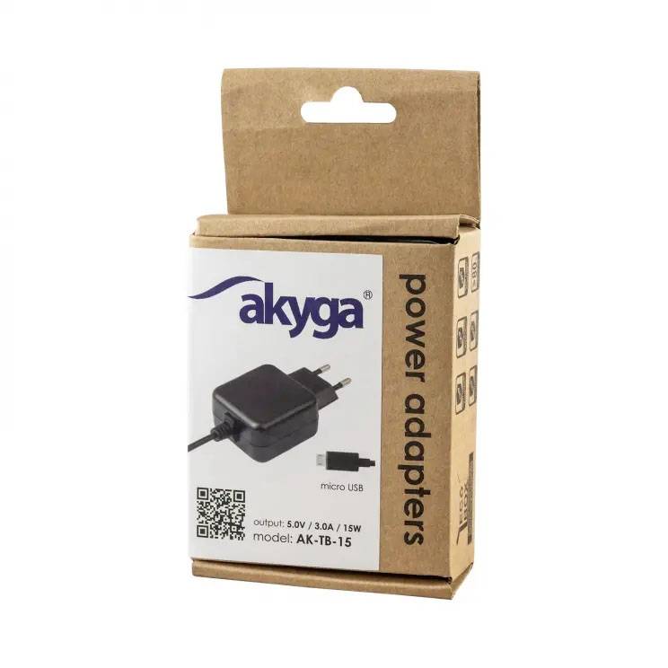 Brązowe pudełko z napisem 'akyga power adapters' prezentuje zasilacz sieciowy z gniazdem Micro-USB oraz szczegółowymi informacjami technicznymi.