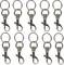 Dziesięć identycznych metalowych breloczków z obracającymi się karabińczykami ułożonych w dwóch rzędach.