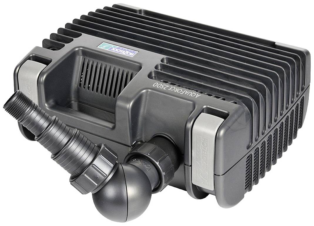 Czarny, prostokątny przyrząd o żebrowanej strukturze z dwoma przyłączami. Wygląda na urządzenie elektryczne związane z wodą.