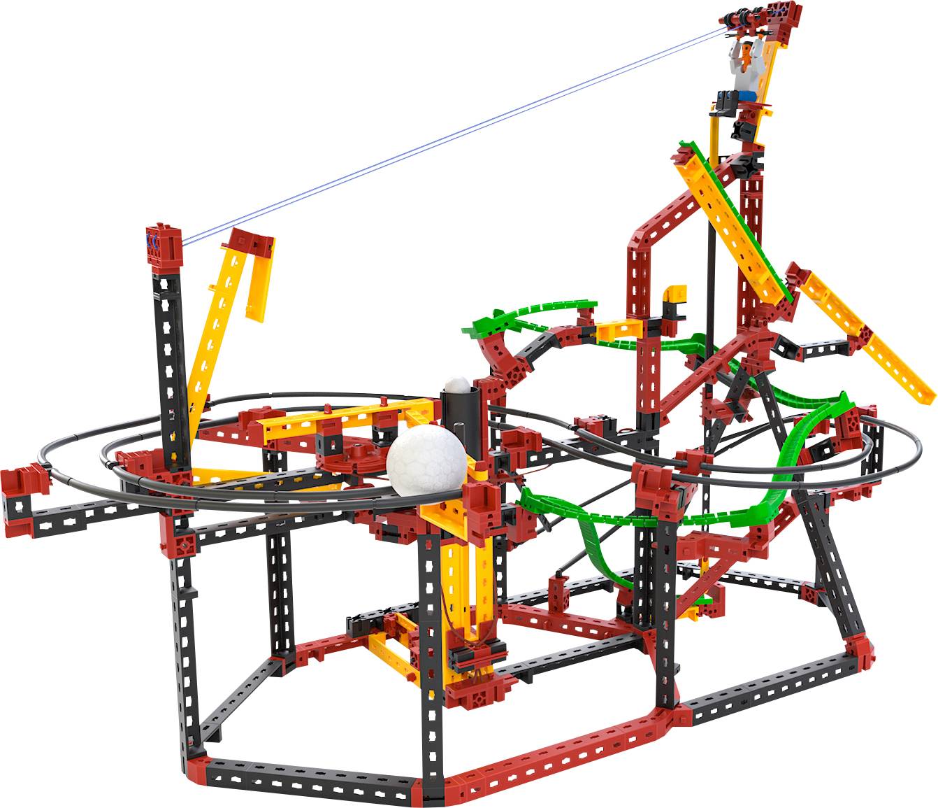 Kolorowa, wielopoziomowa zjeżdżalnia z elementów łączonych, z pętlami i nachyleniami. Kulka toczy się przez tę trasę.