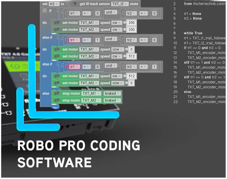 Niebieski i szary kod programu na ciemnym tle przedstawia oprogramowanie Robo Pro Coding. W lewym dolnym rogu znajduje się logo z napisem 'Robo Pro Coding Software'.