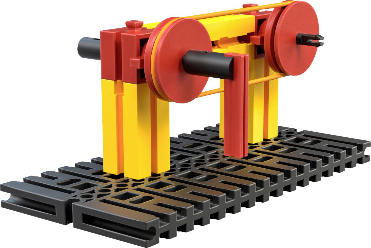 Kolorowy zestaw klocków Lego przedstawia małą maszynę lub urządzenie ze składającymi się z czerwonych i żółtych elementów, umieszczonych na czarnej podstawie.