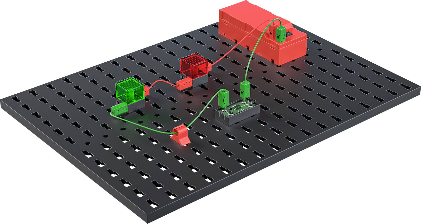 'Elektroniczny obwód na płytce prototypowej: komora baterii, diody LED i przewody przedstawiające prosty przepływ prądu.'