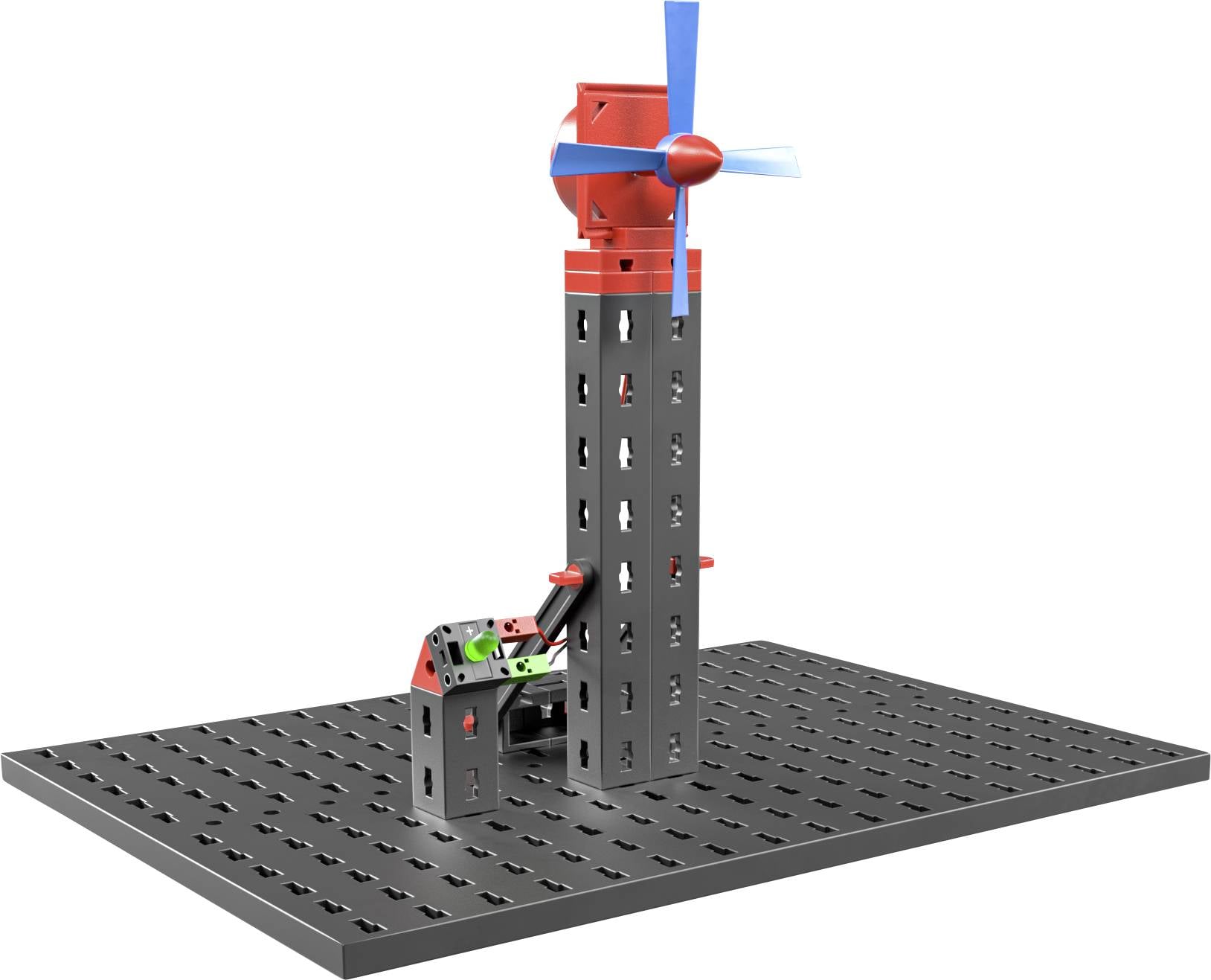 Model zestawu do budowy turbiny wiatrowej z czerwoną wieżą i niebieskimi łopatami wirnika na czarnej platformie, odpowiedni do eksperymentów technicznych.