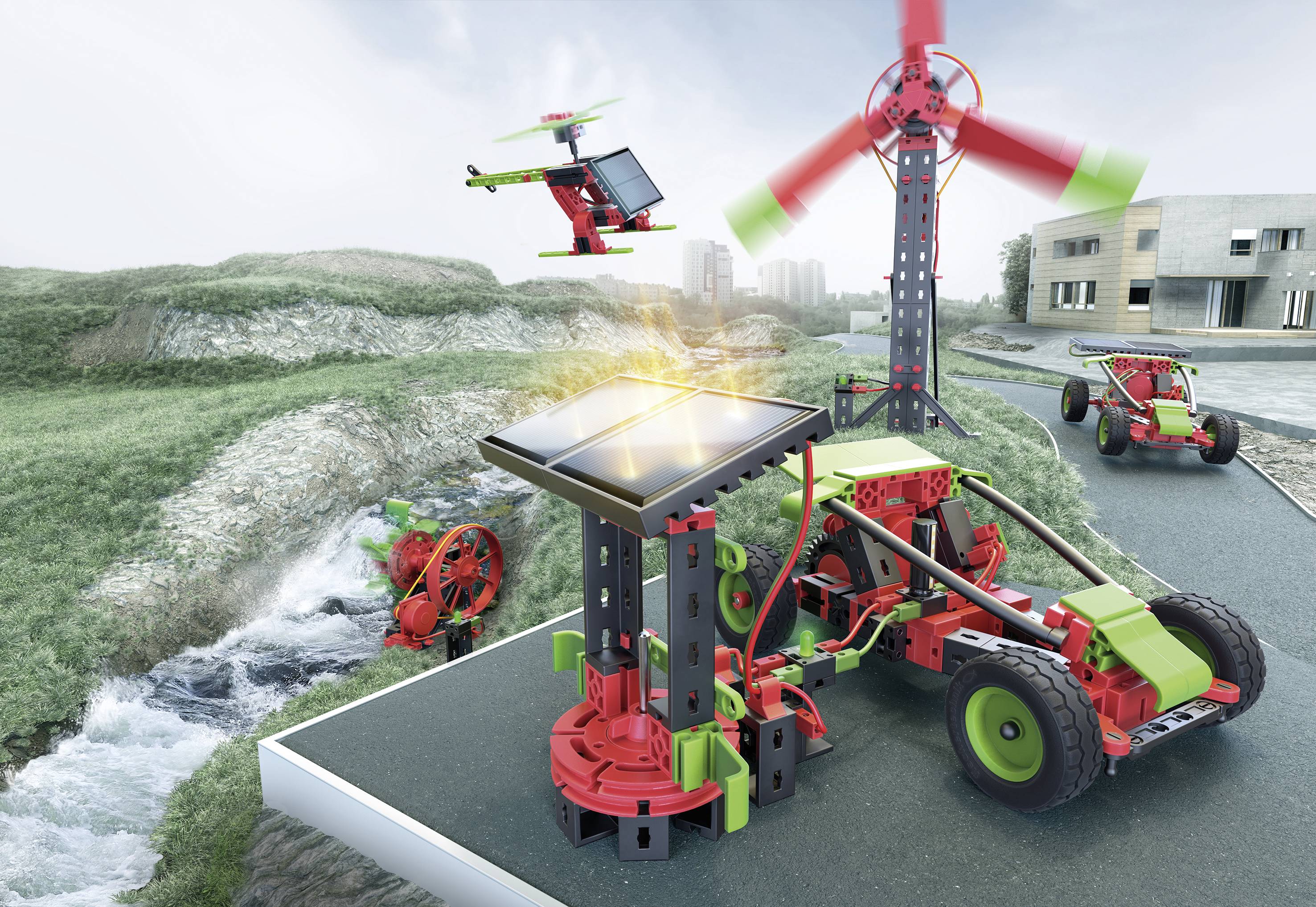 Modele zabawek pojazdów i turbin wiatrowych z ogniwami słonecznymi w futurystycznym krajobrazie nad strumieniem.