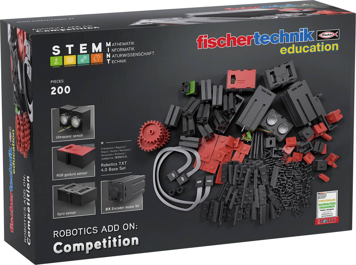 Zestaw konstruktorski "Robotics Add On: Competition" firmy Fischertechnik z 200 elementami, w tym czujnikiem ultradźwiękowym i czujnikiem RGB, przeznaczony do projektów informatycznych.