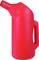 Czerwony plastikowy kanister z podziałką od 0,2 do 1 litra z uchwytem po prawej stronie.
