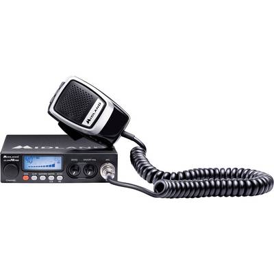 Czarny radiotelefon CB z mikrofonem na podstawce. Wyświetlacz pokazuje kanał 40, widocznych jest kilka przycisków ustawień.