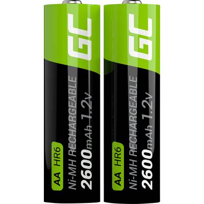 Dwa akumulatory AA HR6 Ni-MH, każdy o pojemności 2600 mAh, 1,2V, w zielono-czarnym designie z napisem 'RECHARGEABLE'.