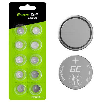 Bateria litowa Green Cell, model CR1620, 3V, opakowanie 10 szt. Okrągła, srebrna, odpowiednia do zegarków i podobnych urządzeń.
