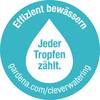 Niebieska pieczęć z białą kroplą wody. Wewnątrz napis 'Każda kropla się liczy'. Na górze: 'Efektywne nawadnianie'. Na dole: 'gardena.com/cleverwatering'.