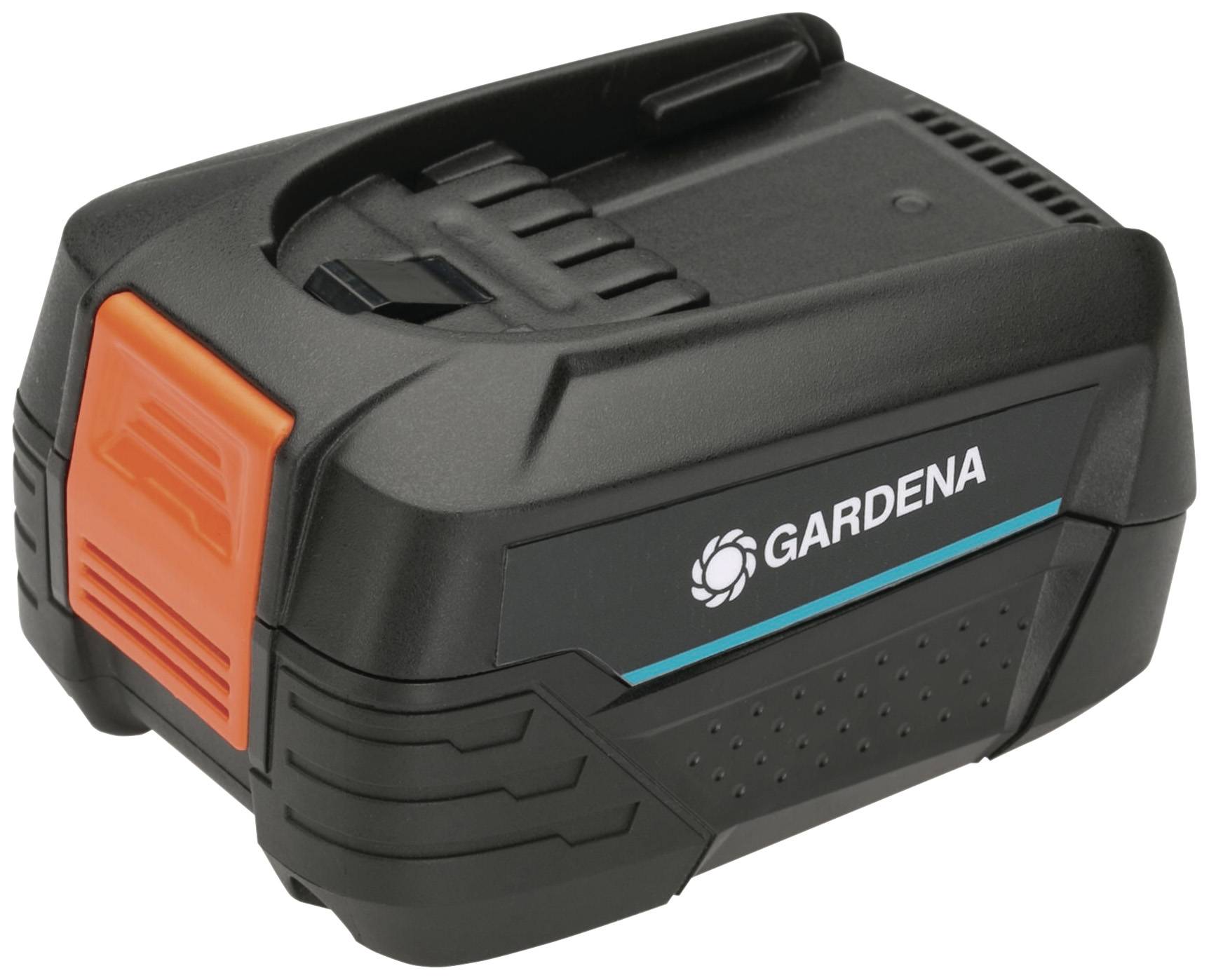 Czarny akumulator z pomarańczowymi elementami i logo GARDENA.