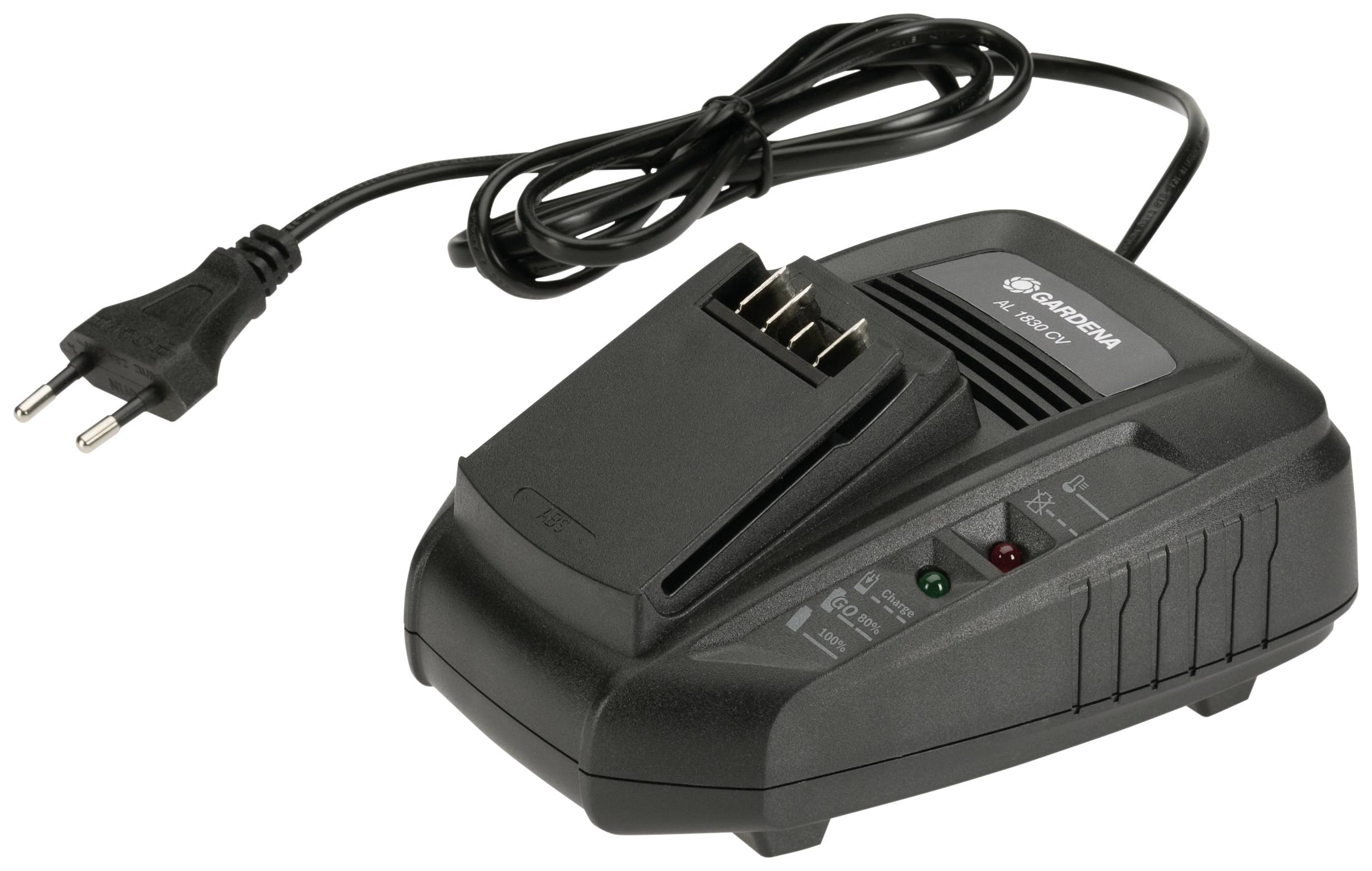 Czarna ładowarka akumulatorowa z odłączanym przewodem sieciowym i wtyczką EU. Diody LED wskazują stan ładowania.
