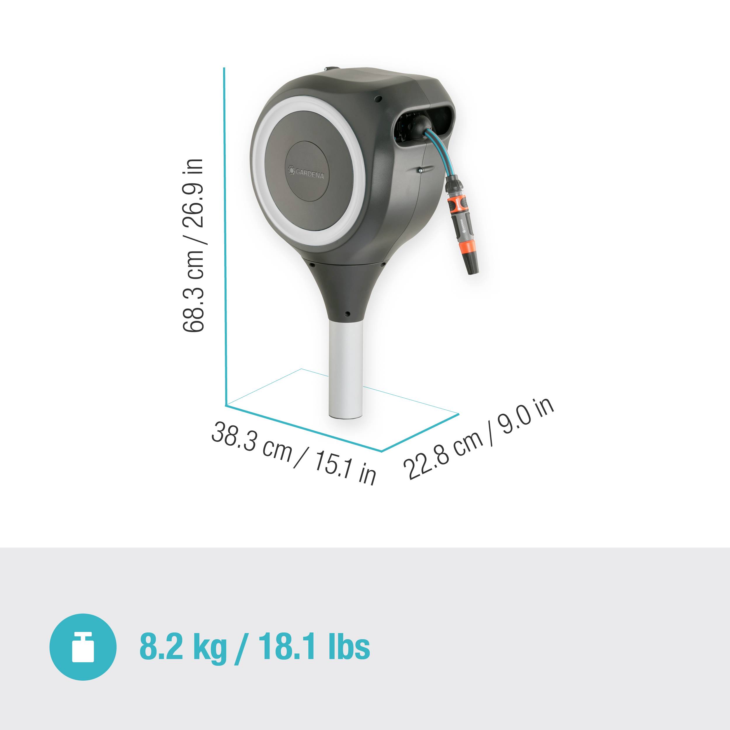 Zainstalowana automatyczna smycz dla psa o wymiarach: wysokość 68,3 cm, szerokość 38,3 cm, głębokość 22,8 cm. Waga: 8,2 kg.