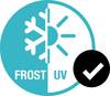Symbol z białym symbolem płatka śniegu po lewej stronie i symbolem słońca po prawej, obok widnieje napis 'FROST UV'. Czarny znacznik zaznaczenia w kole znajduje się w prawym dolnym rogu.