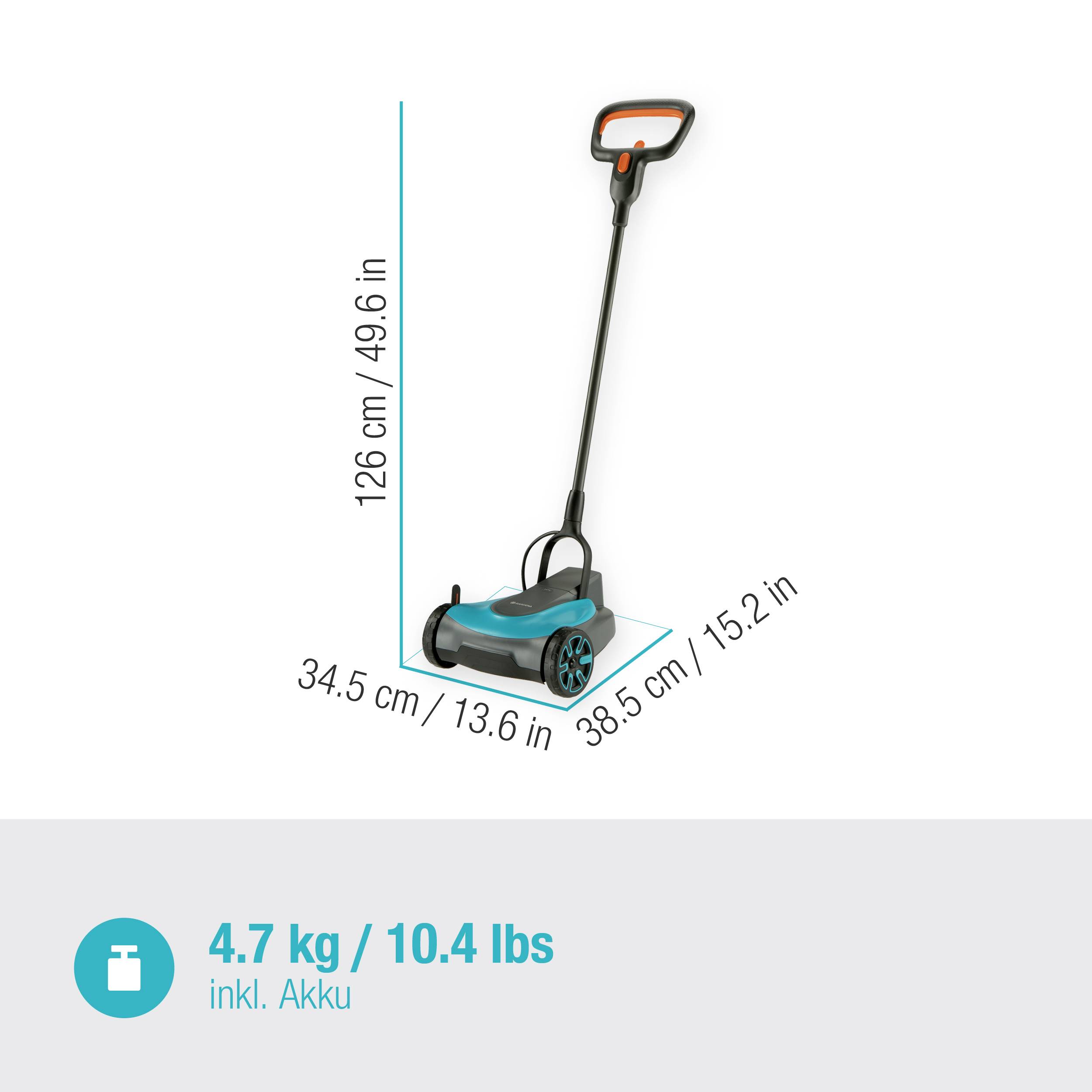 Elektryczny akumulatorowy trymer do trawy, wymiary: 126 x 38,5 x 34,5 cm. Waga: 4,7 kg wraz z akumulatorem.