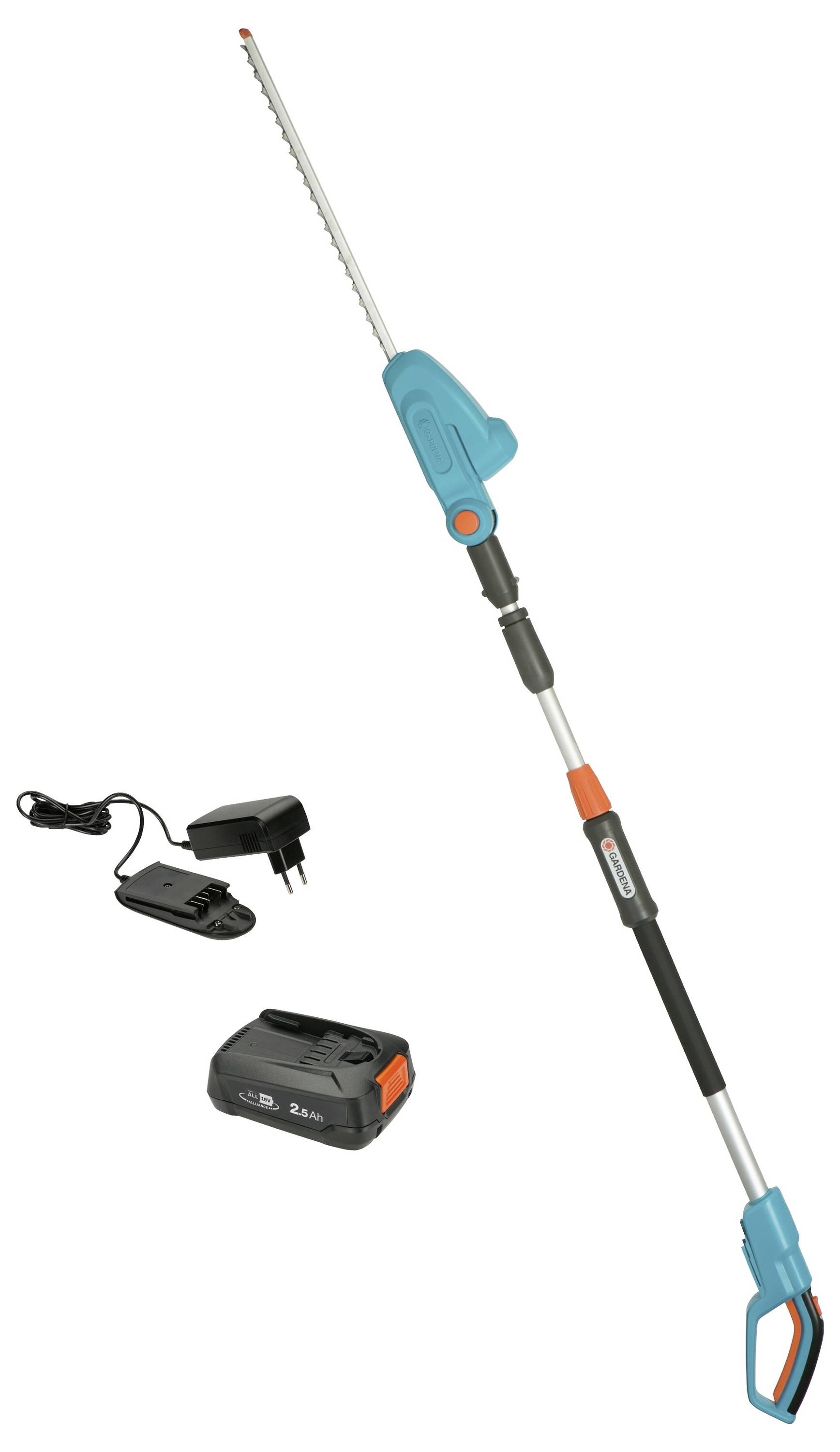 'Bezprzewodowa przycinarka do żywopłotów z teleskopową rączką i ładowarką, przeznaczona do przycinania wysokich żywopłotów, dostępna w niebiesko-czarnym kolorze.'