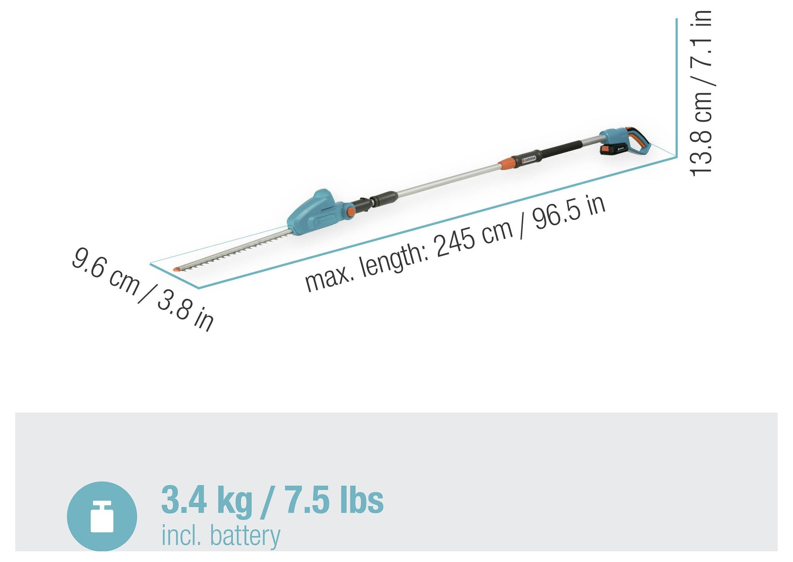 Teleskopowa nożyce do żywopłotu o maksymalnej długości 245 cm (96,5 cala) i wadze 3,4 kg (7,5 funta) włącznie z baterią.