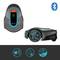 Kosiarka automatyczna w kolorze czarnym i niebieskim ze sterowaniem Bluetooth. Prezentuje symbole cichej pracy, łatwego czyszczenia i odporności na warunki atmosferyczne.