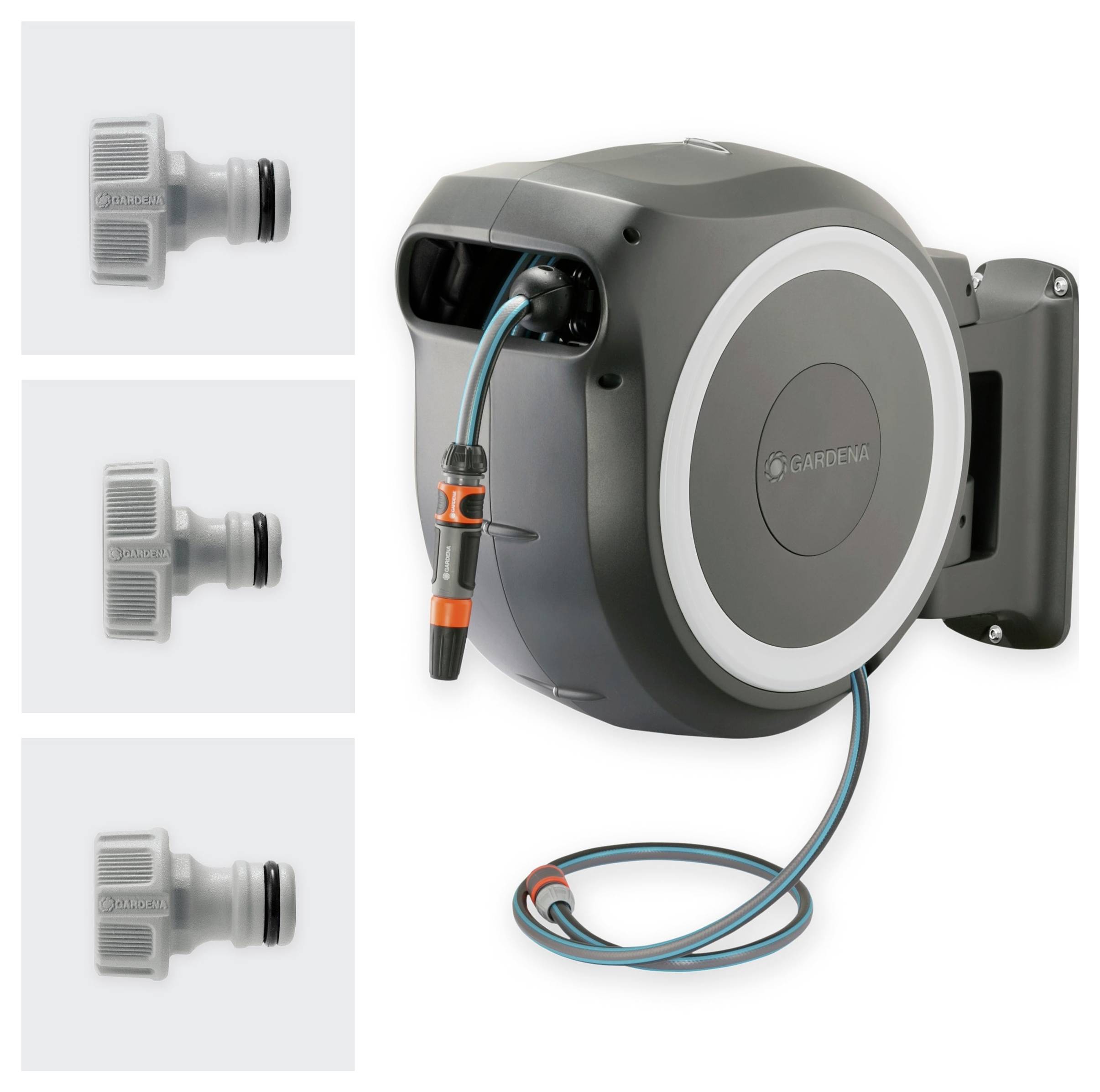 Automatyczna zwijarka do węża zamontowana na ścianie z podłączonym wężem; dodatkowe osobne dysze do węża wyświetlone po lewej stronie.