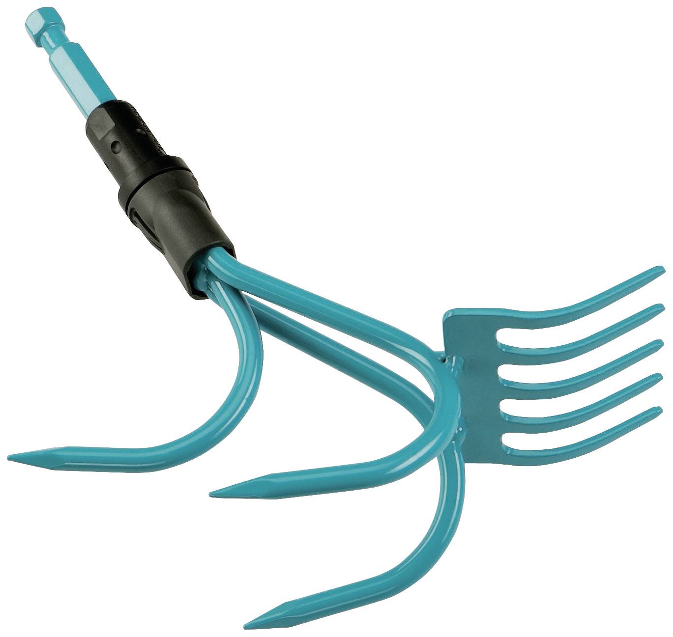 Turkusowy kultywator ręczny z trzema zakrzywionymi zębami i czarnym adapterem uchwytu, używany do spulchniania gleby w ogrodzie.