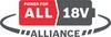 Logo 'Power for All Alliance 18V' z symbolem baterii i zaokrąglonymi strzałkami poniżej.