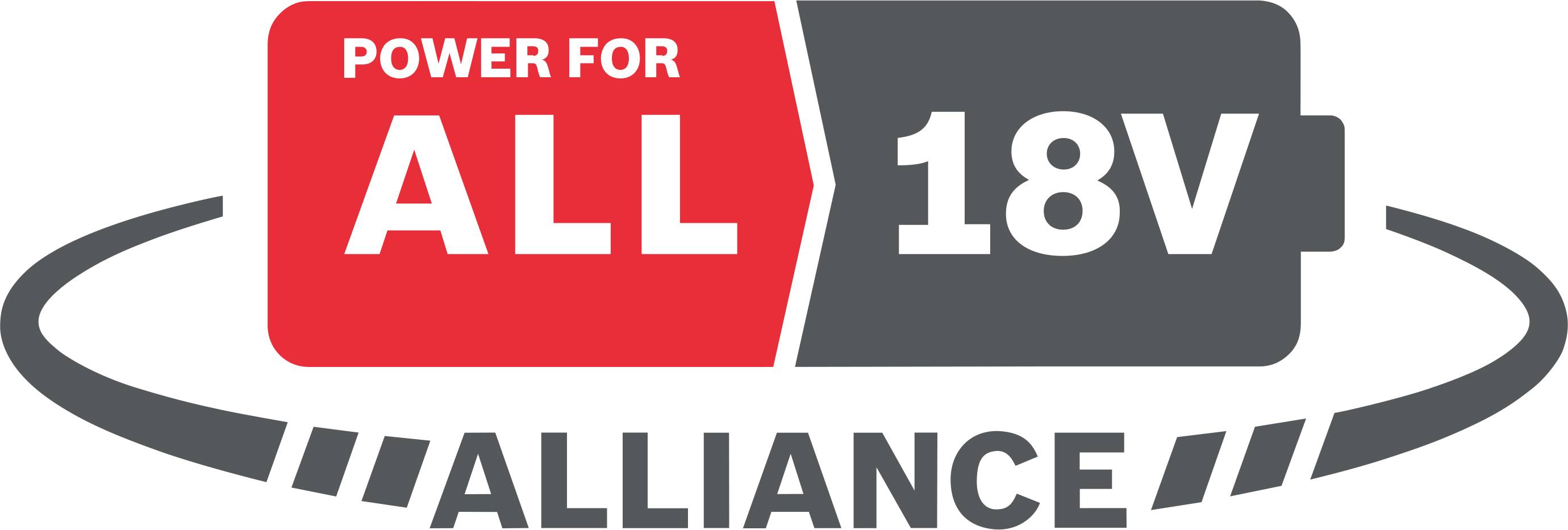 Logo sojuszu 'Power for All 18V Alliance' przedstawia baterię o napięciu 18V, wykorzystujące czerwoną i szarą kolorystykę, podkreślające bezprzewodowe źródło energii.