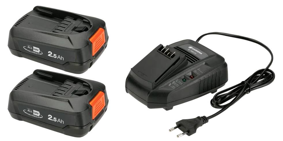Dwa akumulatorowe pakiety o pojemności 2,5 Ah oraz ładowarka z przewodem i wtyczką.