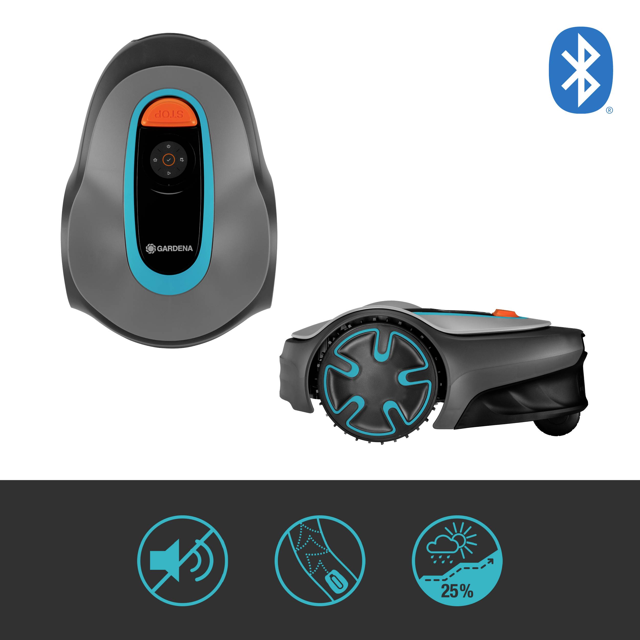 Robot koszący Gardena z logo Bluetooth, który kosi trawę w ogrodzie na diagramie. Symbole przedstawiają funkcje takie jak odporność na warunki atmosferyczne.